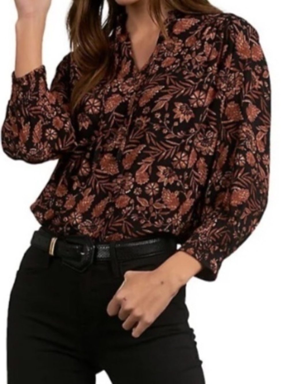 NWT ELAN Autumn Print 3/4 Sleeve Split Neck Tie Front Top Size Small